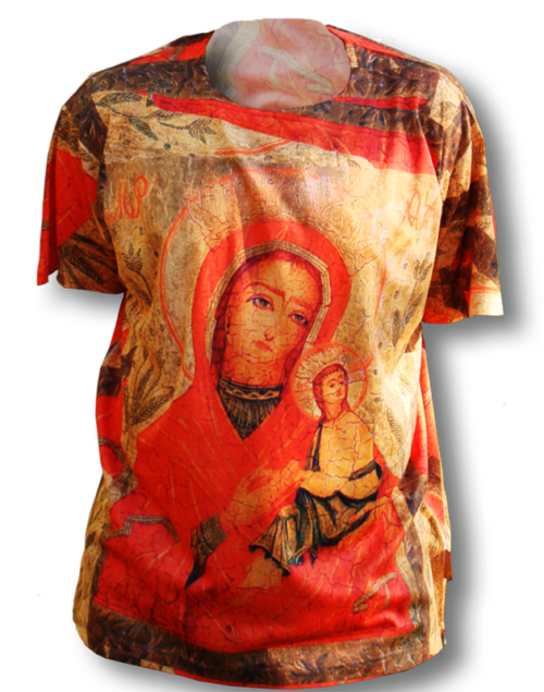 A t-shirt with an image of jesus and mary.