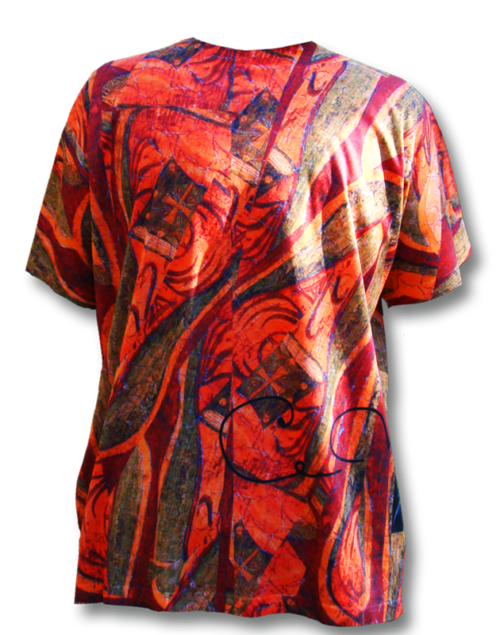 A person wearing an orange shirt with red and purple designs.