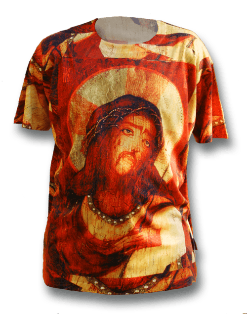 A t-shirt with an image of jesus christ.