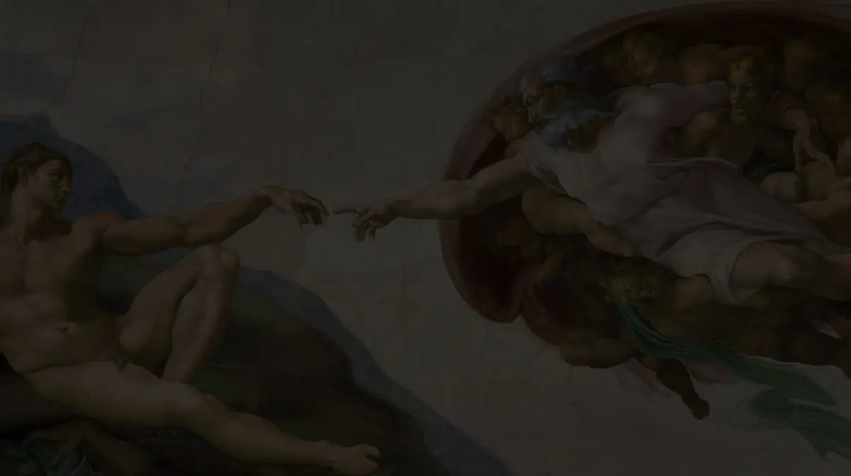 A painting of the creation of adam in a room.