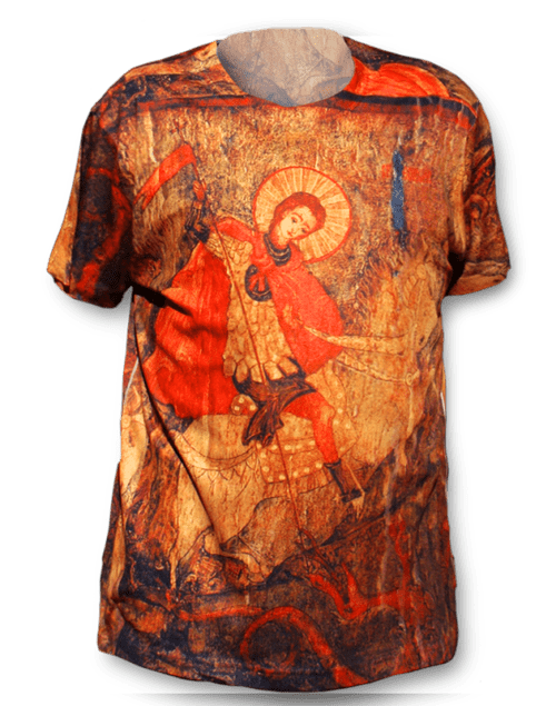 A man wearing an artistic t-shirt with a painting of jesus.