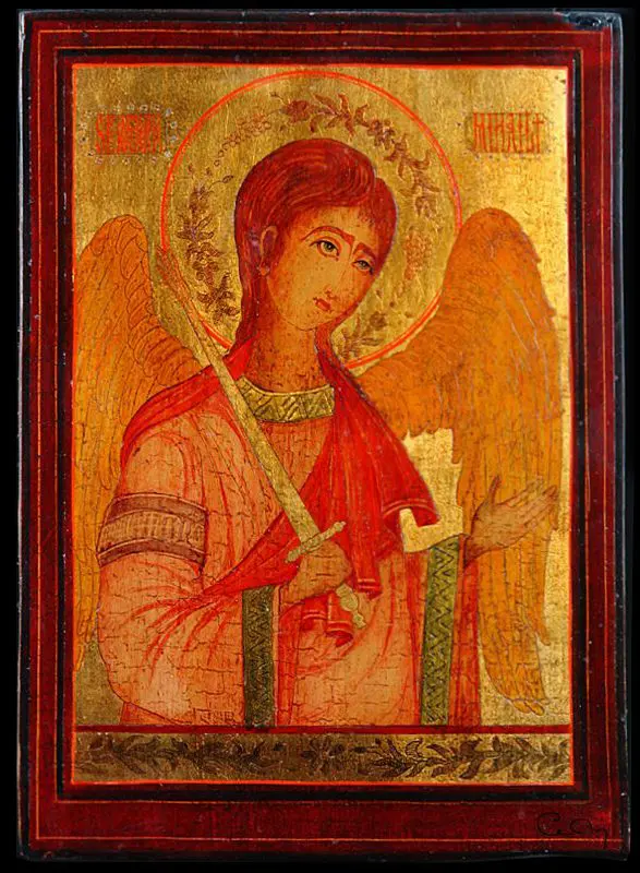 A painting of an angel holding a sword.