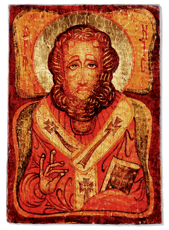 A painting of a man with a beard and cross on his chest.