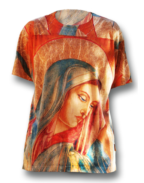 A t-shirt with an image of the virgin mary.