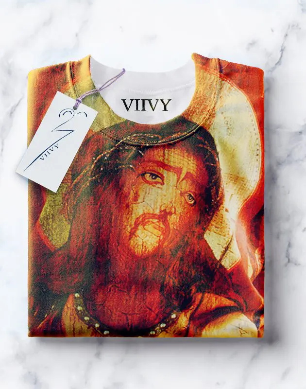 A t-shirt with jesus on it and a tag attached.